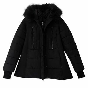 Michael Kors Black Hooded Puffer Coat With Faux Fur Trim - Size 2X